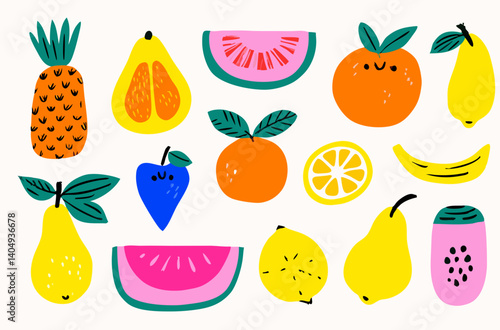 Cheerful Fruit Medley: A vibrant assortment of hand-drawn fruits arranged in a playful, whimsical style, creating a visual celebration of natural, healthy foods. 