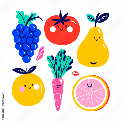 Cheerful Fruit Medley: A vibrant and cheerful medley of fruits and vegetables, each with its own endearing smile, creating a playful and appetizing design.
