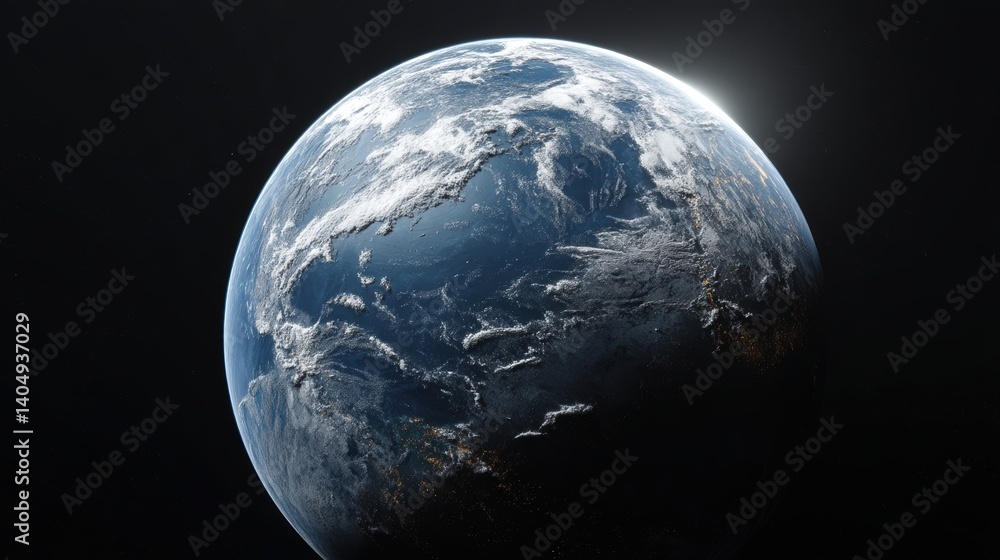 Fototapeta premium Earth seen from space, showing its intricate details and the beauty of our planet. A single light source illuminates a portion of the Earth, creating a dramatic contrast between light and shadow.