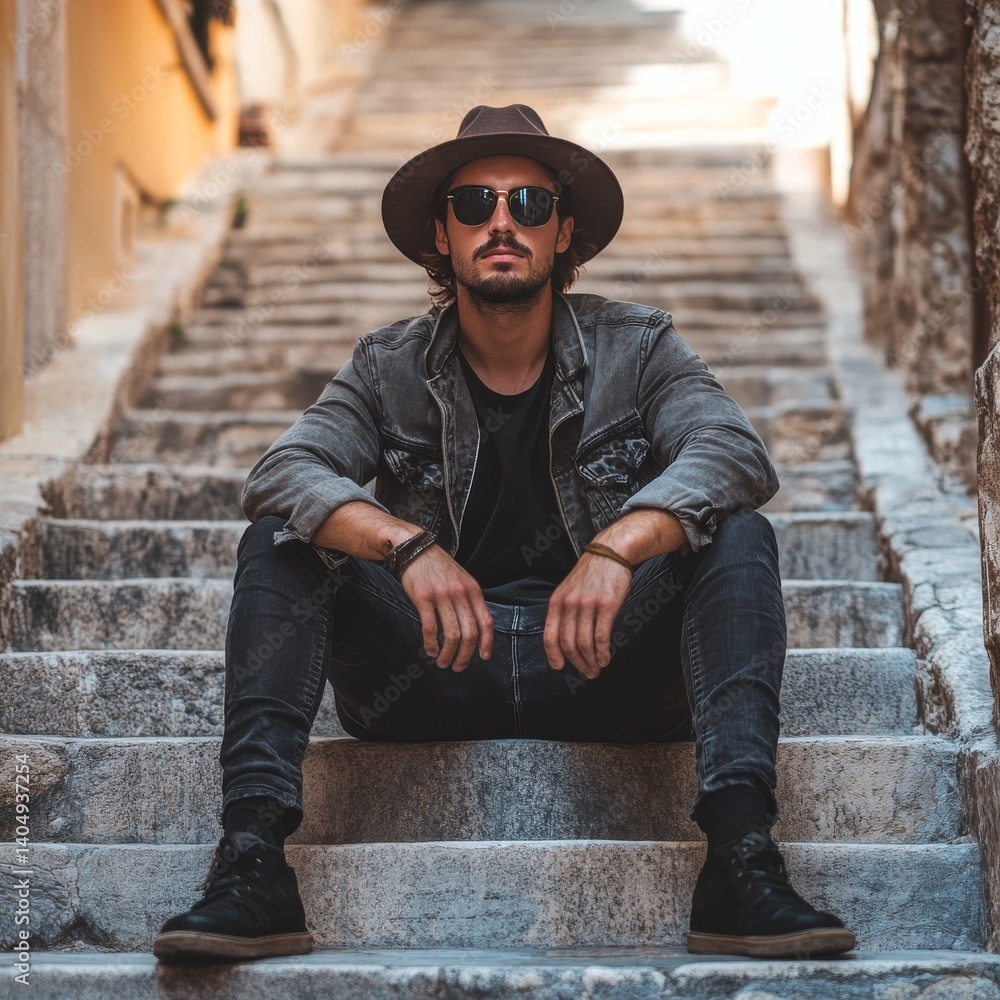 Man in hat and sunglasses sits.