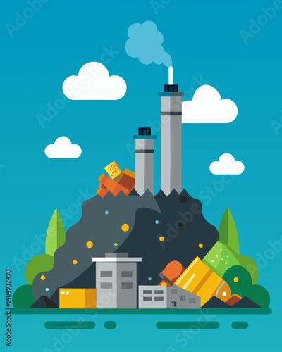 Piles of trash surround the incinerator waiting to be engulfed in flames and turned into poisonous emissions.. Vector illustration