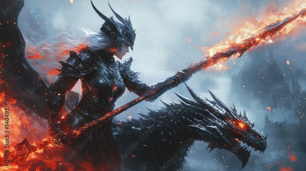 Fototapeta premium Fiery Dragon Rider: A Fantasy Epic