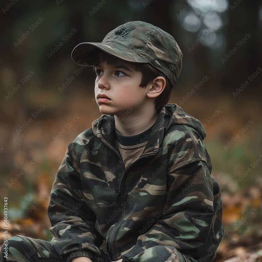 Boy in camo, sad outside.