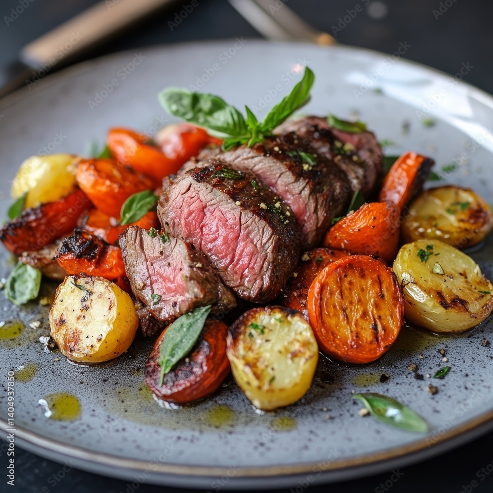 Roasted vegetables and beef dish.