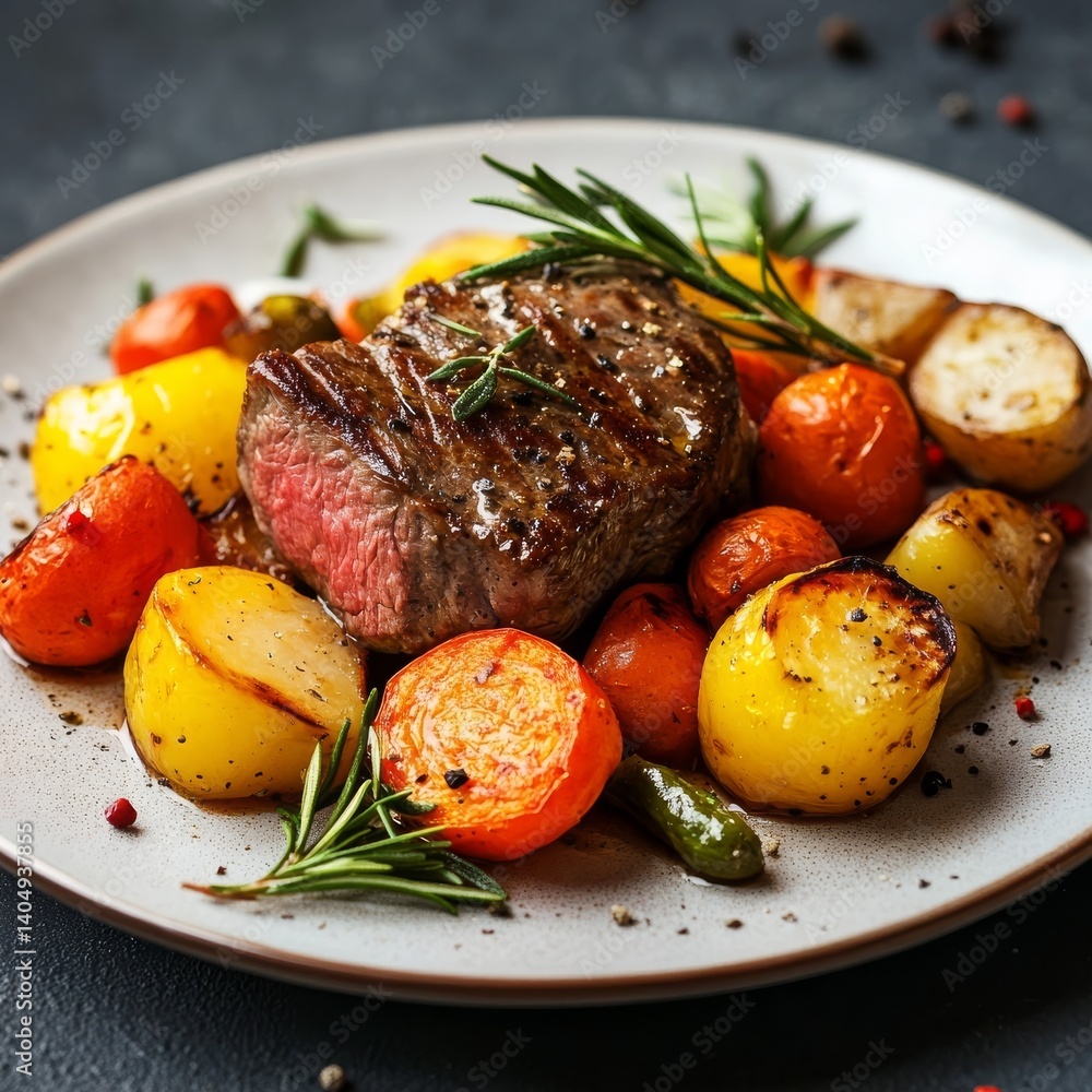 Beef fillet and roasted veggie plate.