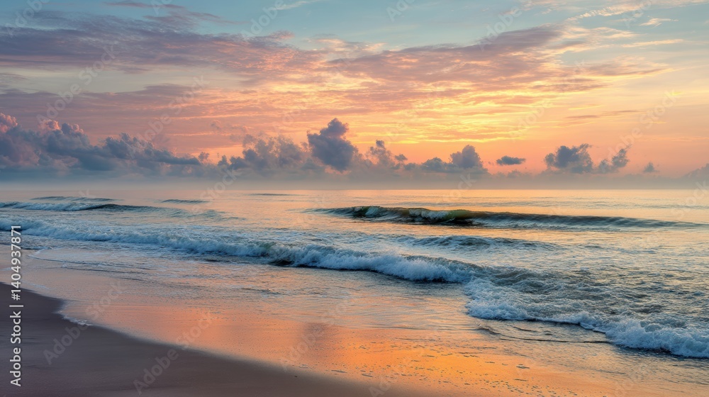 Obraz premium Serene Seaside at Dawn. Capturing the tranquil beauty of dawn over the ocean, soft hues paint the sky as gentle waves roll onto the shore