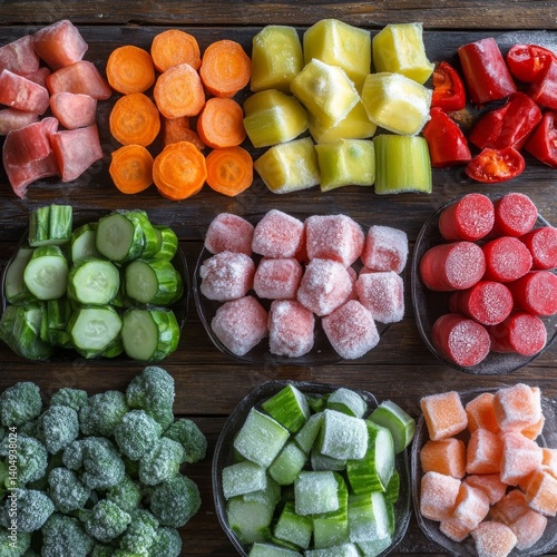 Frozen veggies on wood.
