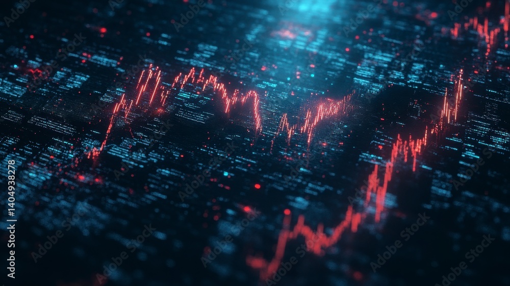 Fototapeta premium Abstract glowing stock market data visualization with red and blue data points, dark background. Shows dynamic financial trends.