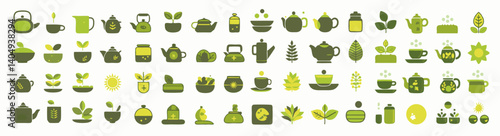 Tea Elements Collection: A meticulously designed array of tea-related elements showcases teapots, teacups, leaves, and accessories in soothing tones.