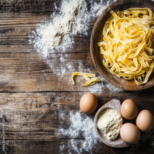 Egg pasta on wood. Raw food concept. Top view. Copy space.