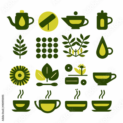 Tea Time Elements: A collection of stylized tea-related icons, perfect for any design. Representing different types of teas, cups, and teapots in a contemporary flat design style. 