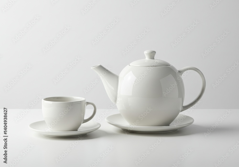 A still life of a white teapot and a teacup with saucers on a white surface and background plain style A still life of a white teapot and a teacup with saucers on a white surface and background plain style
