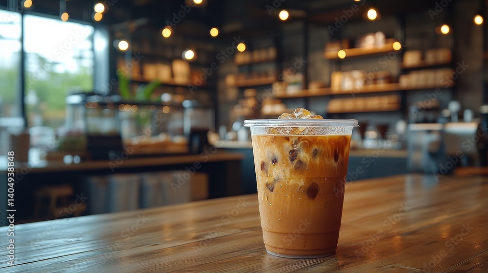 Iced coffee in a clear cup on a wooden table in a cozy caf? with warm lighting and shelves Iced coffee in a clear cup on a wooden table in a cozy caf? with warm lighting and shelves