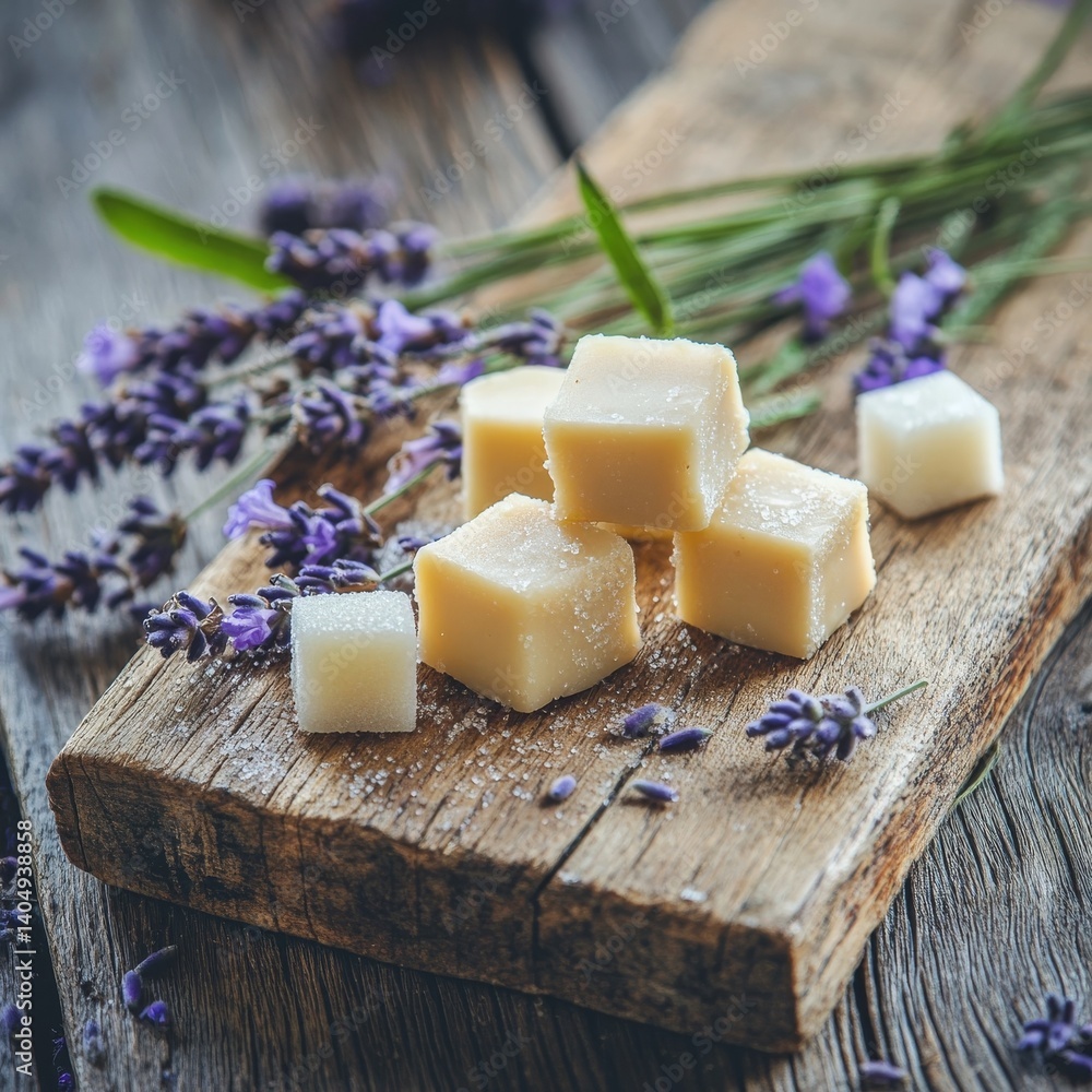 Homemade lavender fudge on a vintage board with sugar and lavender flowers.