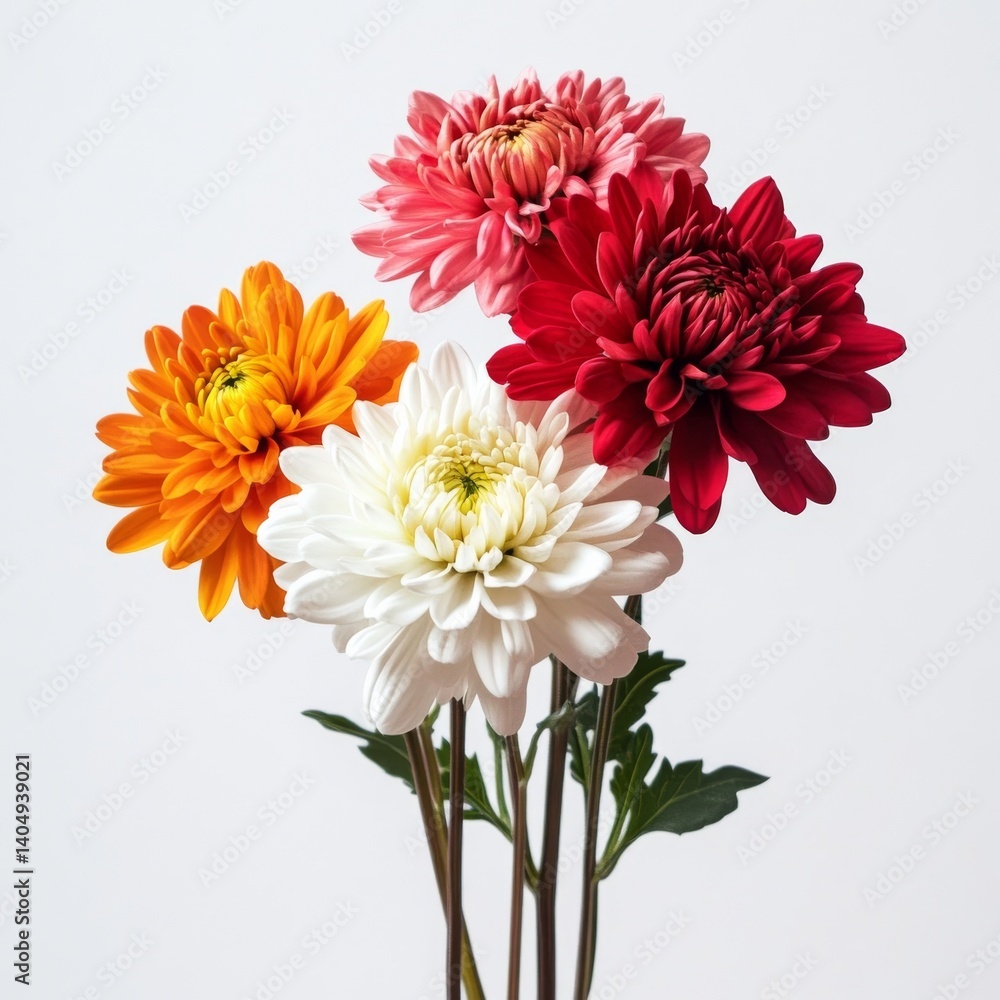 White background, colorful chrysanthemums.