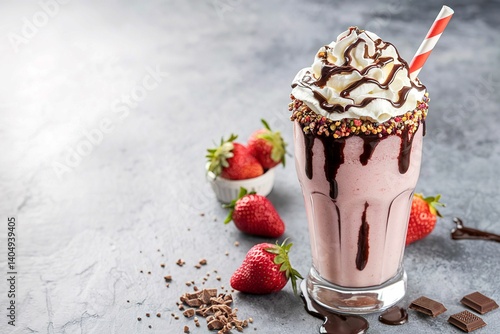 Strawberry milkshake with whipped cream and chocolate syrup with copyspace