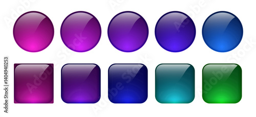 Set of glossy gradient buttons in round and square shapes featuring purple, blue, teal, and green colors with modern glassmorphism style, ideal for UI design, app interfaces, icons, and web components