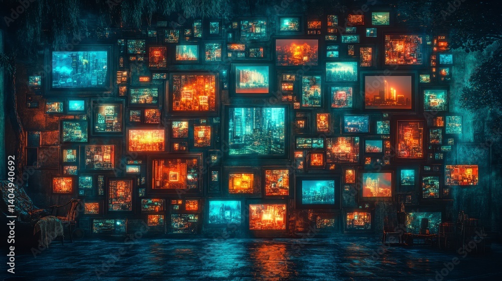 Fototapeta premium Abstract digital art depicting a wall of glowing screens displaying various scenes, reflected in dark water.