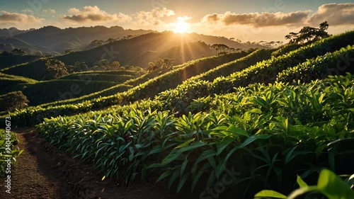 Coffee plantation with coffee green leaves.  Colombian or Brazilian landscape with mountain range, trees, green hills at dawn in soft sun light. Scenic countryside nature.