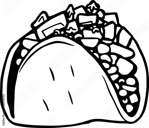 Delicious Hand-Drawn Illustration Of A Single Taco Filled With Seasoned Meat And Vegetables