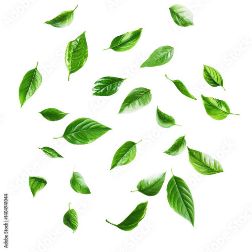 Flying green leaves against a white background creating a sense of freshness and nature, flying green leaves isolated white background