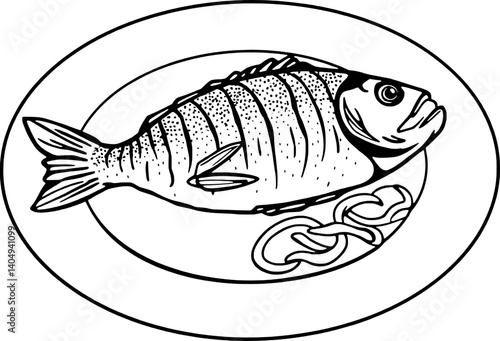 Grilled Fish Dish Served On Oval Plate Detailed Line Art Illustration
