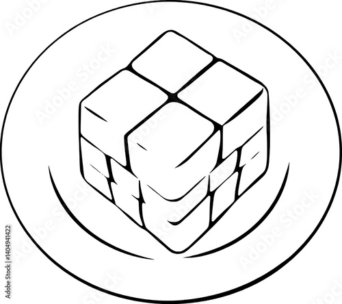 A Cube-Shaped Dessert Served On A Plate Simple Line Drawing Illustration