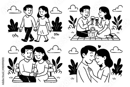 Couple at the garden doodle cartoon drawing vector illustration set with Varied Poses and Expressions