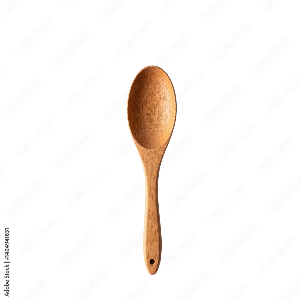 A simple wooden spoon with a smooth, polished finish and a hole at the handle for hanging. A simple wooden spoon with a smooth, polished finish and a hole at the handle for hanging.