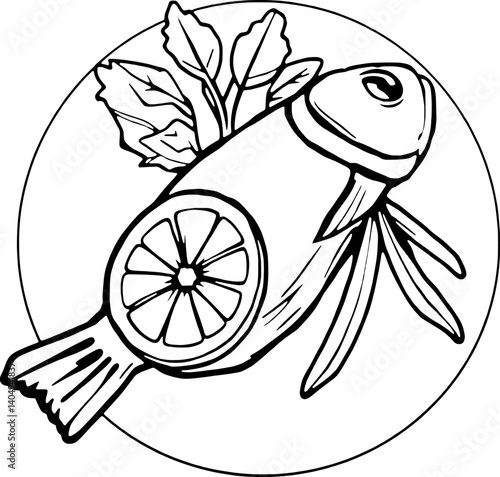 Line Art Illustration Of Grilled Fish With Lemon And Herbs