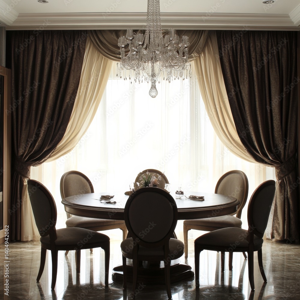 Curtains, windows, and designer chairs around table.
