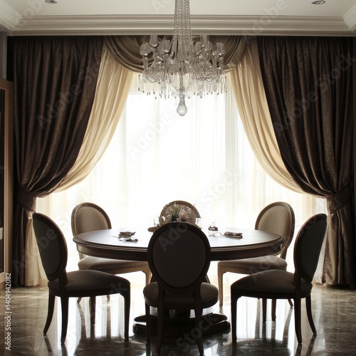 Obraz na płótnie Curtains, windows, and designer chairs around table. w salonie