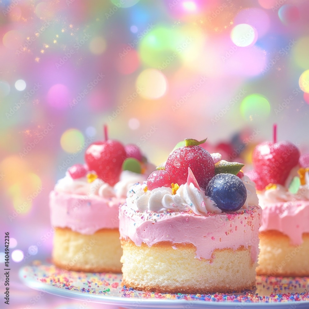 Tasty cakes, blurred, bright background.