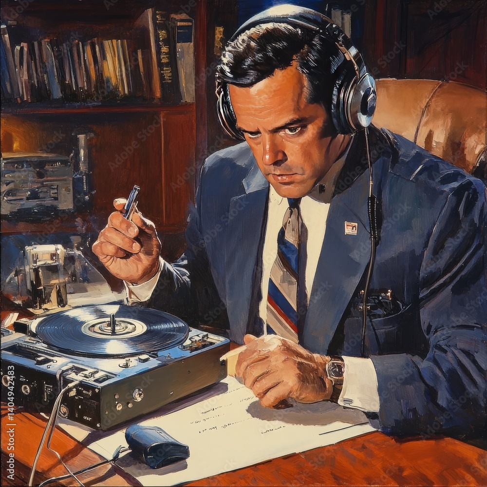 Officer wiretaps with headphones.