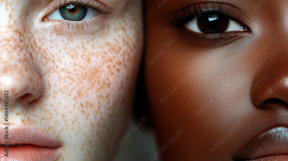Naklejka premium A close-up of two people with contrasting skin tones. On the left is a woman with fair skin, blue eyes, and noticeable freckles. On the right is a woman with dark skin and brown eyes.