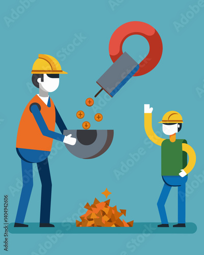 A worker uses a magnet to extract ferrous metals from a pile of waste while another sifts through the remaining nonmagnetic items.. Vector illustration