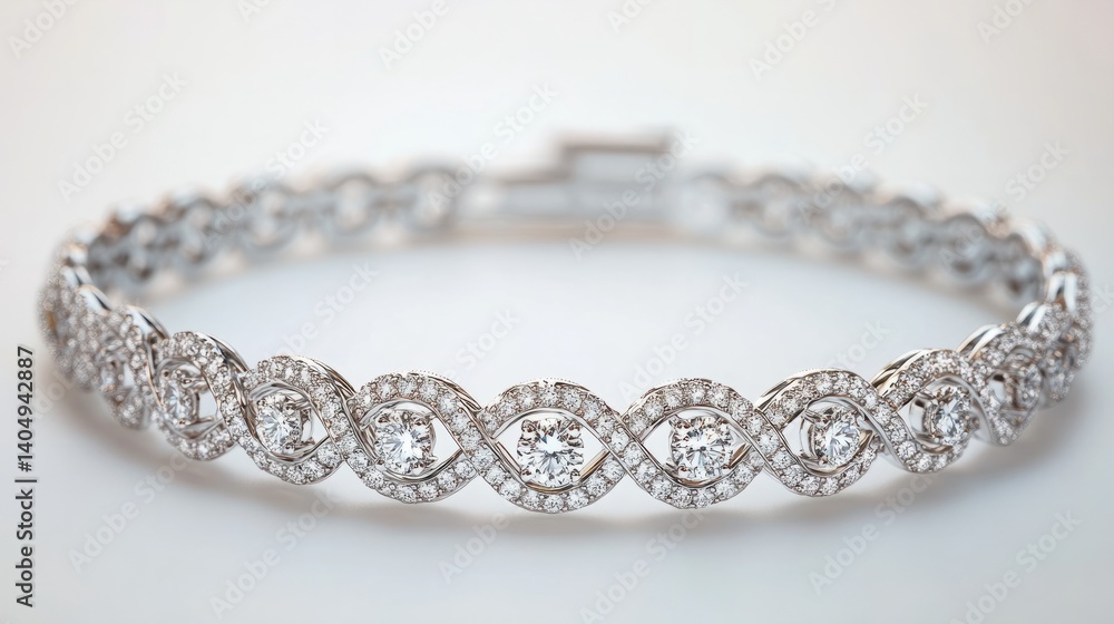 A stunning white gold bracelet with a collection of brilliant diamonds, softly glowing against a clean white backdrop A stunning white gold bracelet with a collection of brilliant diamonds, softly glowing against a clean white backdrop