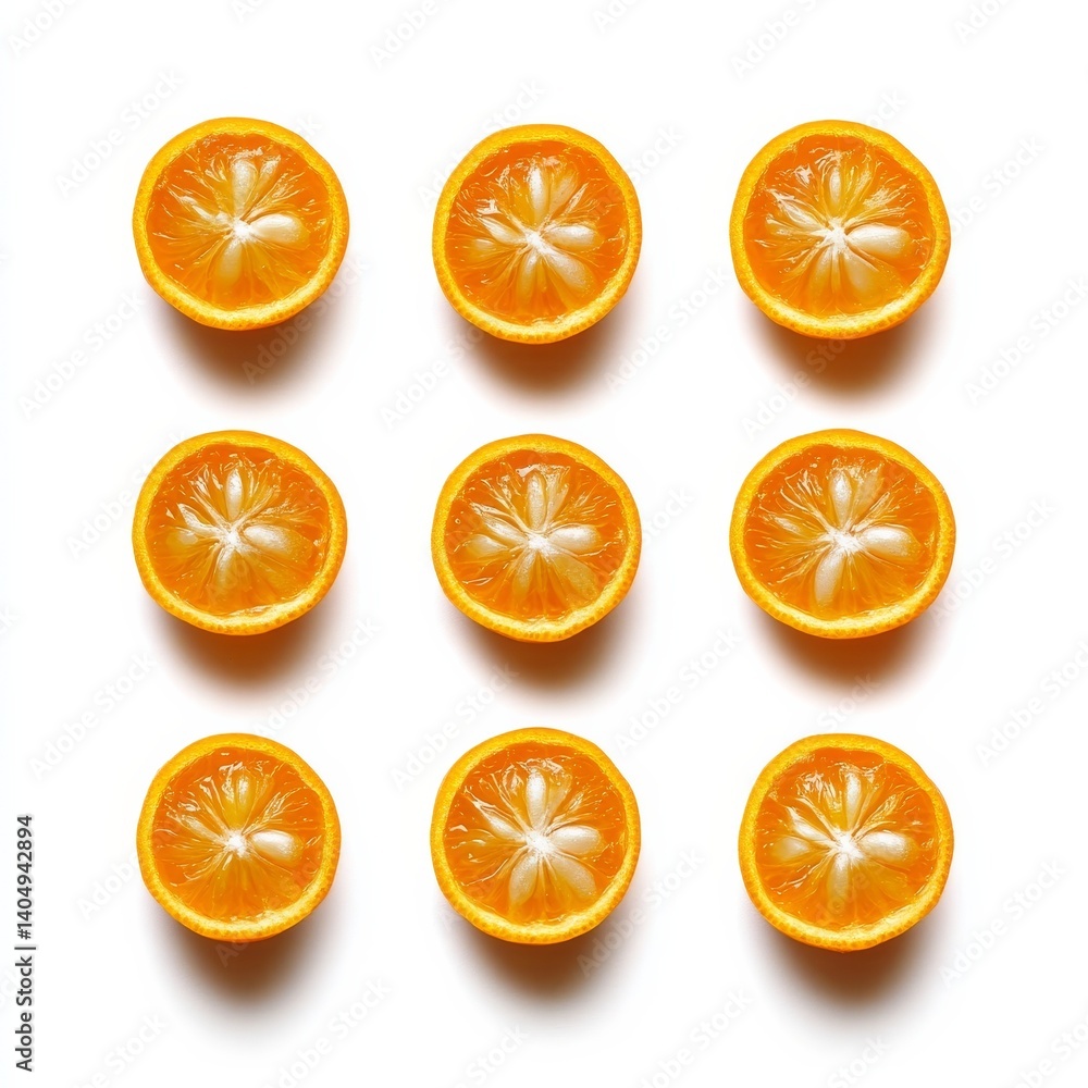 Five kumquats (2 halves) isolated on white.