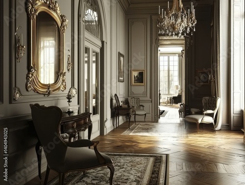 Elegant hallway with ornate mirror, hardwood floor, antique furniture, chandelier, and decorative rug evoking classical sophistication.