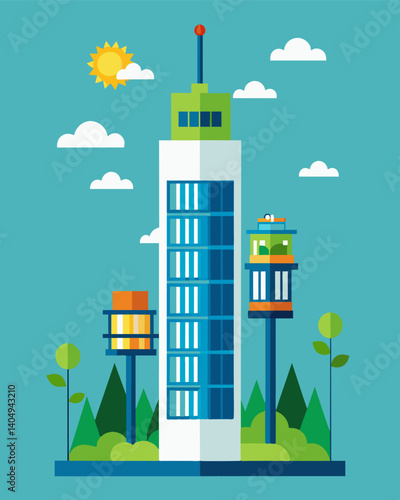 A skyscraper with energyefficient elevators that harvest and reuse energy generated from each ride.. Vector illustration