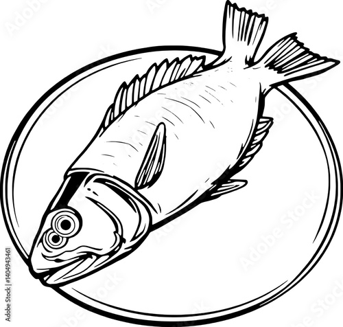 Stylized Line Art Drawing Of A Fish On A Plate