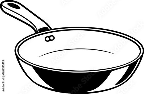 A Simple Line Drawing Of An Empty Frying Pan With A Handle