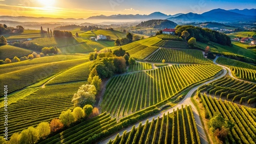 Aerial View of Franciacorta Vineyards, Lombardy, Italy: Rolling Hills of Grapes