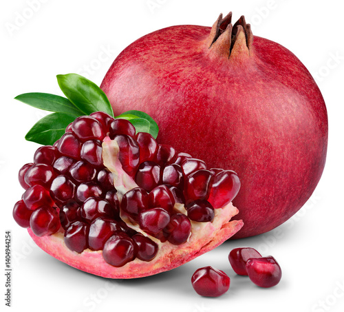 Pomegranate isolated png. Pomegranate with chunk, seeds and leaves on white or transparent background. Whole and broken pomegranate piece no background. Transparent png. Full depth of field.