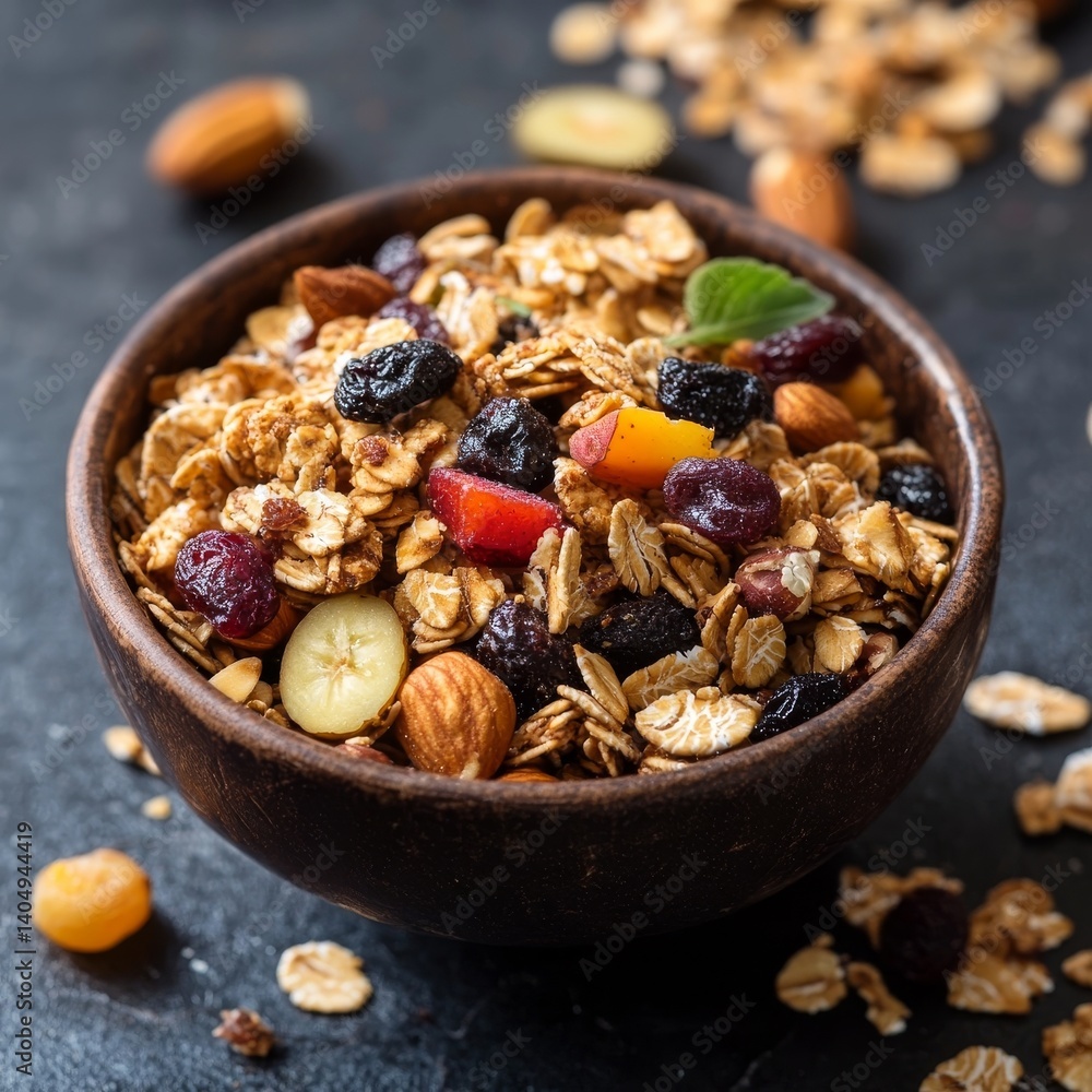 Nutritious granola/muesli with fruit, nuts, and grains.