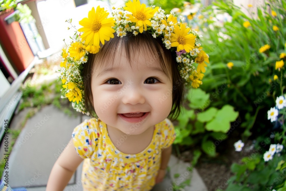 Happy caucasian toddler girl with black hair wearing yellow flower crown on her head. Happy sunny days idea. Sunny daylight. Girl’s playful summer moment. Summer fun with floral decor. Happy caucasian toddler girl with black hair wearing yellow flower crown on her head. Happy sunny days idea. Sunny daylight. Girl’s playful summer moment. Summer fun with floral decor.