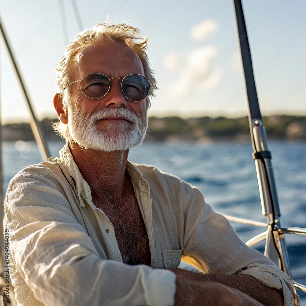 Elderly man yachting at sea.