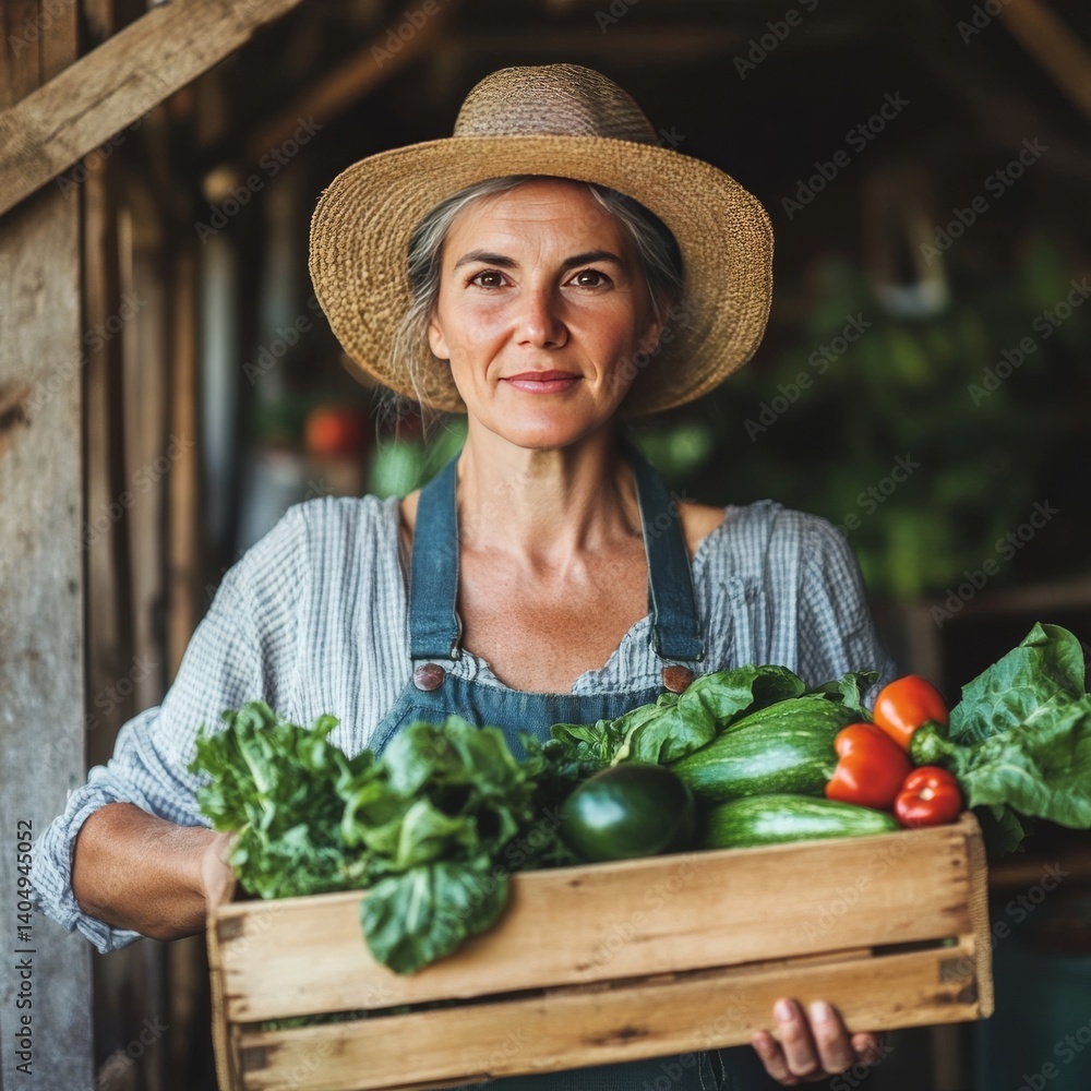 Farmer's face, holding fresh produce box.