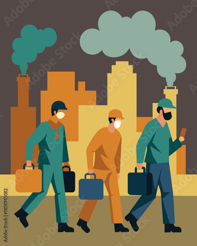 The factorys workers emerging from their shifts covered in a layer of soot and grime evidence of the poor air quality they are constantly exposed to.. Vector illustration
