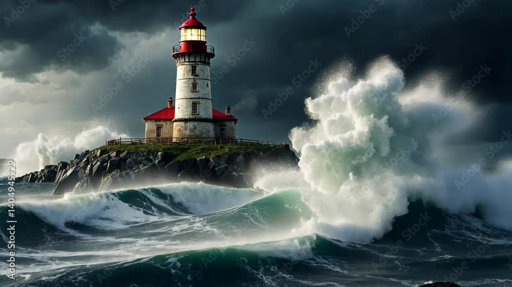 White lighthouse on cliff guiding ships during a big ocean storm with huge waves crashing White lighthouse on cliff guiding ships during a big ocean storm with huge waves crashing